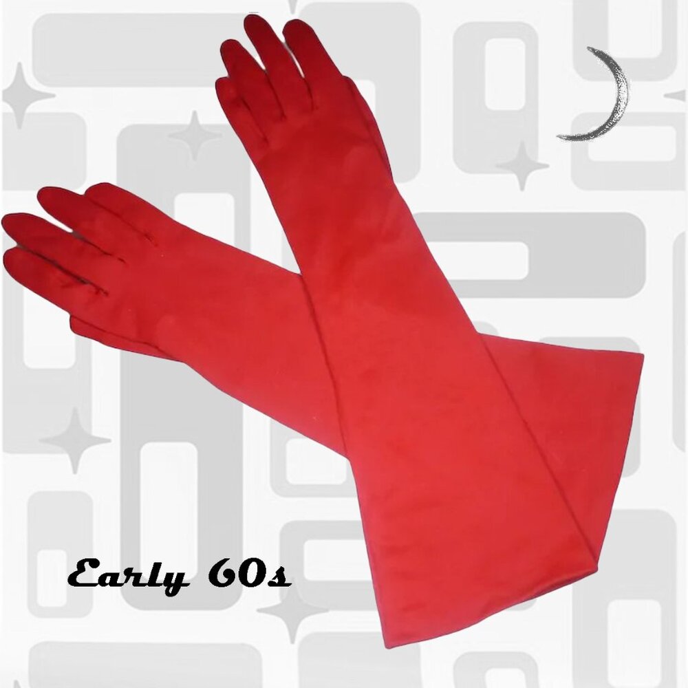 Red Gloves Mid Length Nylon Vintage Early 60s